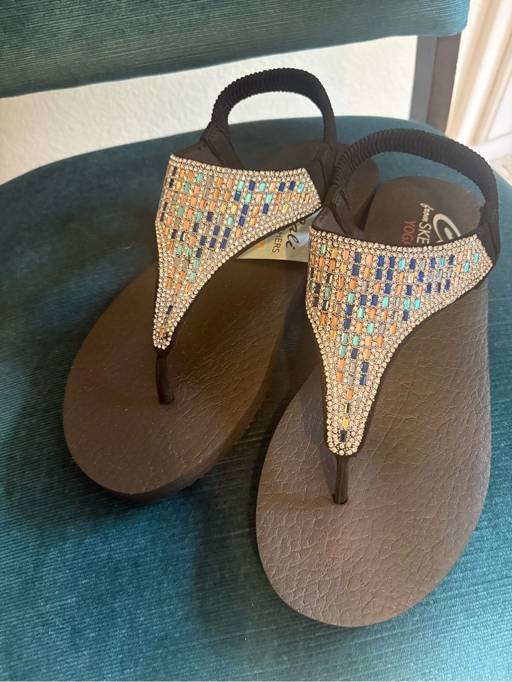 Skechers Black Yoga Foam T-strap Sandals with Multicolor Crystal Accents